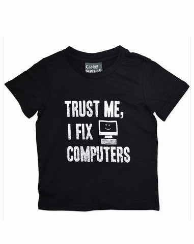 Boys Black T Shirt "Trust Me I Fix Computers" Size 6